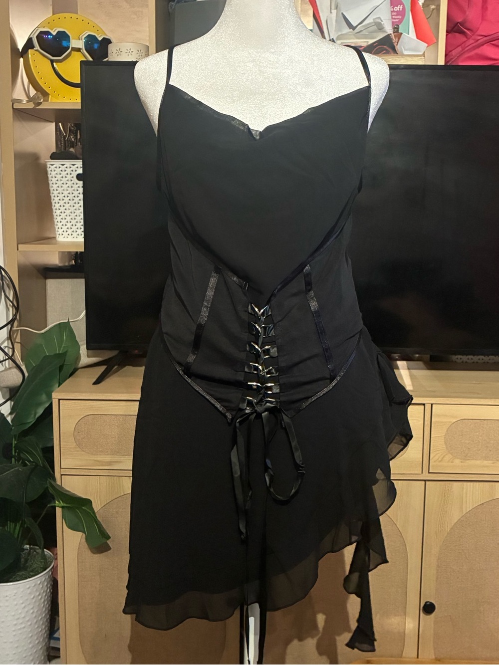 Fashion Nova Black Asymmetrical Lace-Up Slip Dress